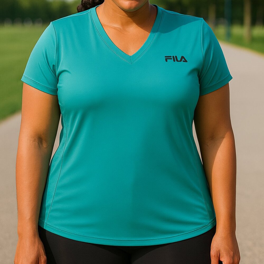 Fila Teal Short Sleeve Activewear V-Neck Top XL‎